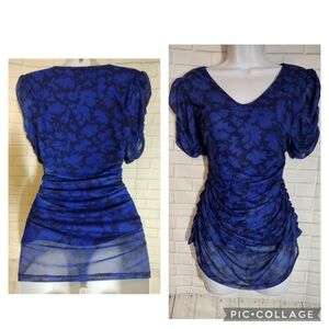 Cable & Gauge Blue and Black Abstract Mesh Stretch Top